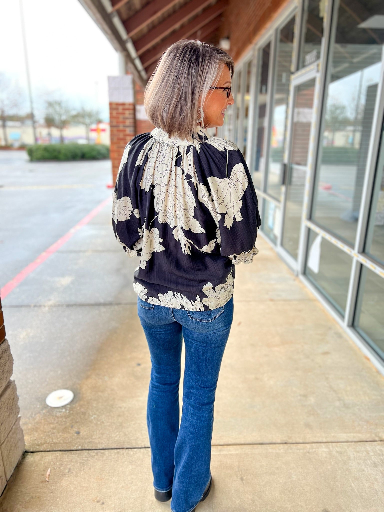Black Peony Print V - Neck Top with Half Sleeves - A'Bekah's Boutique