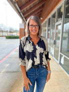 Black Peony Print V - Neck Top with Half Sleeves - A'Bekah's Boutique