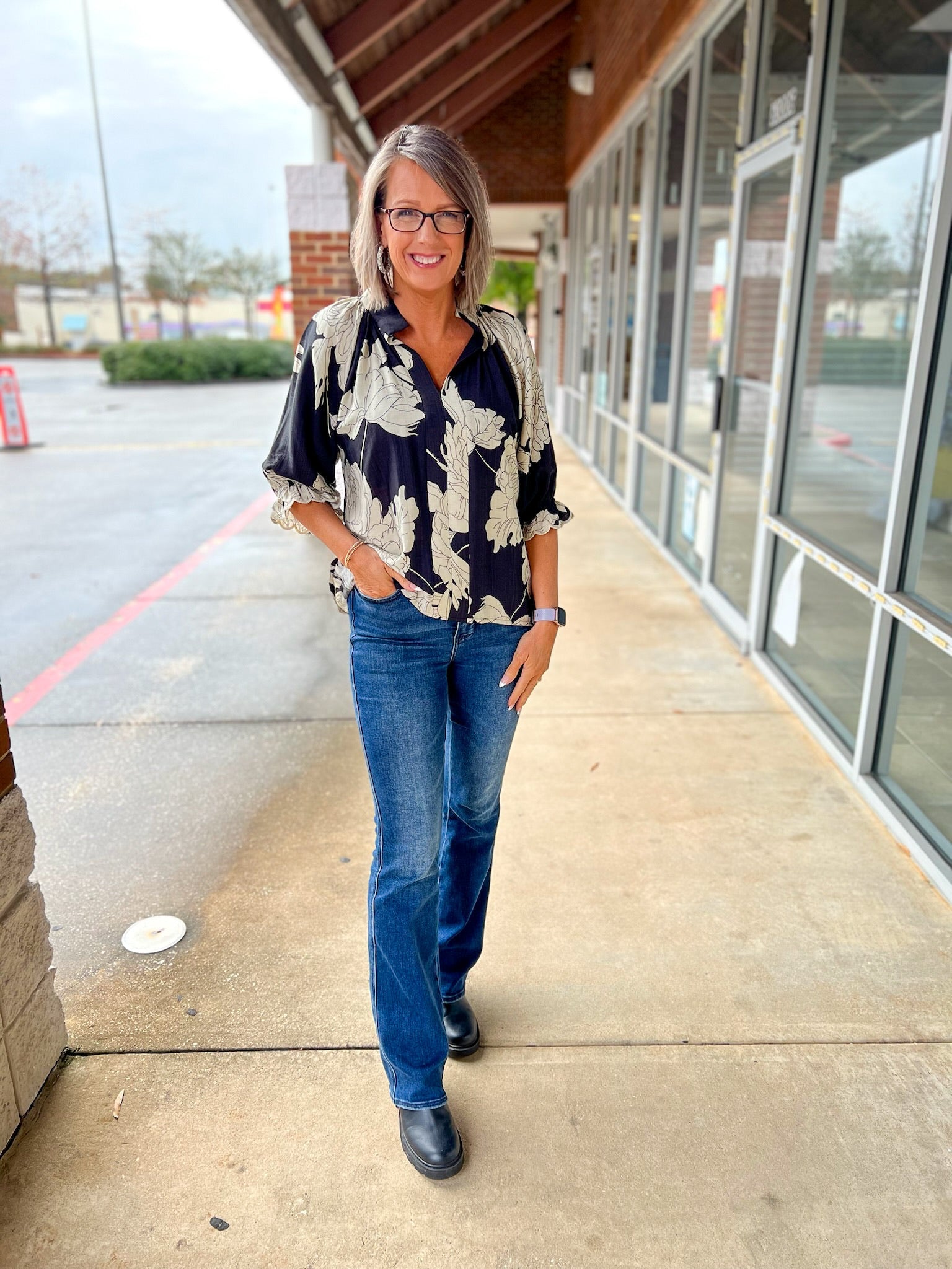 Black Peony Print V - Neck Top with Half Sleeves - A'Bekah's Boutique