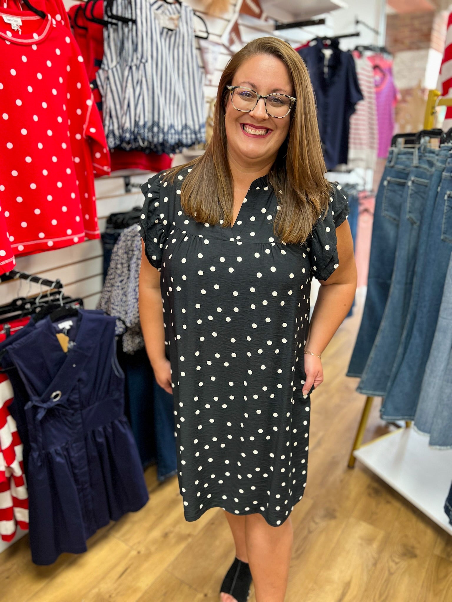 Black Polka Dot Dress with Ruffle Sleeves and Pockets - A'Bekah's Boutique
