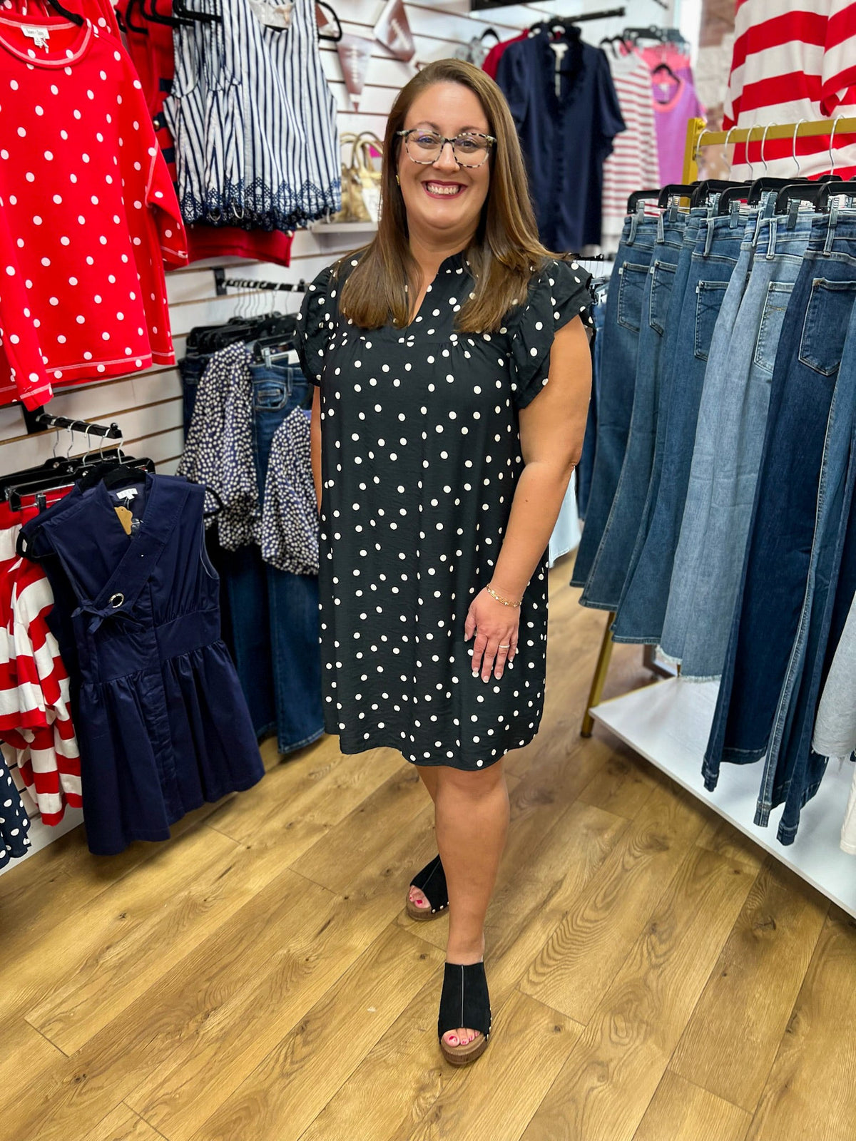 Black Polka Dot Dress with Ruffle Sleeves and Pockets - A'Bekah's Boutique