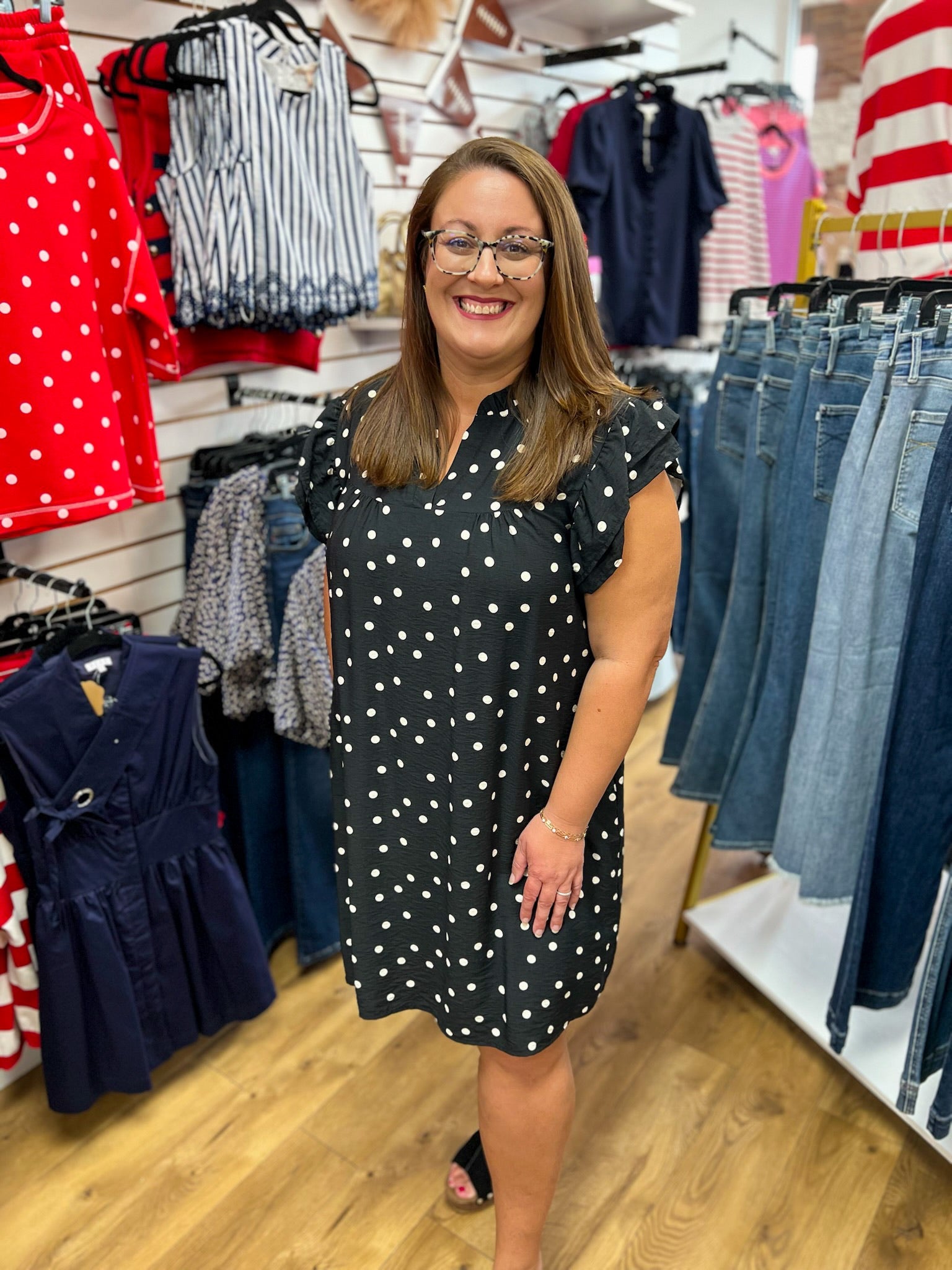 Black Polka Dot Dress with Ruffle Sleeves and Pockets - A'Bekah's Boutique