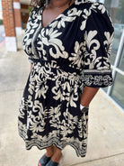 Black Print 3/4 Sleeve V - Neck Curvy Midi Dress with Pockets (C) - A'Bekah's Boutique