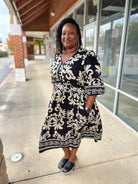Black Print 3/4 Sleeve V - Neck Curvy Midi Dress with Pockets (C) - A'Bekah's Boutique