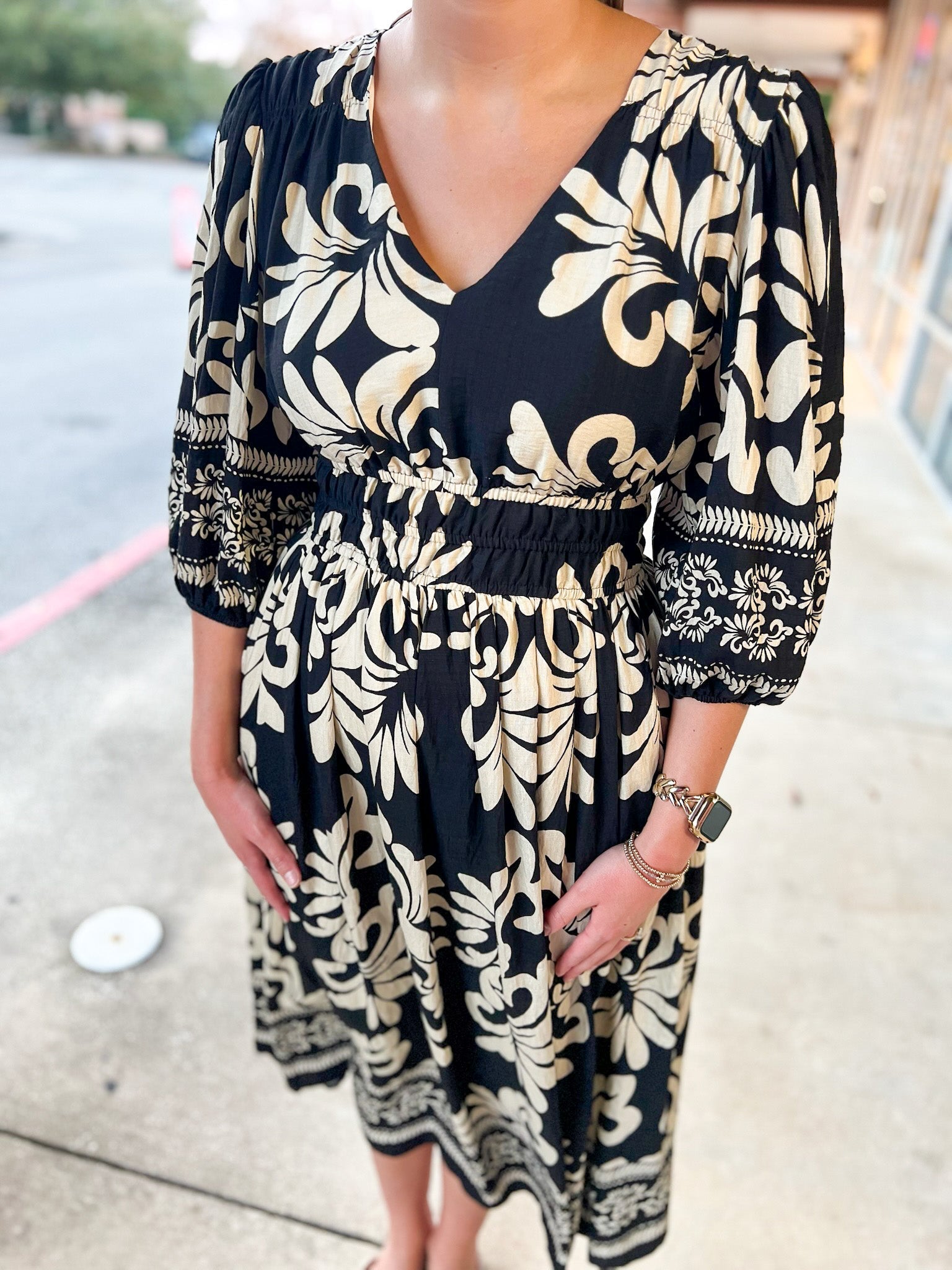 Black Print 3/4 Sleeve V - Neck Midi Dress with Pockets (R) - A'Bekah's Boutique