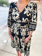 Black Print 3/4 Sleeve V - Neck Midi Dress with Pockets (R) - A'Bekah's Boutique