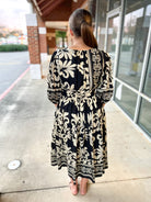 Black Print 3/4 Sleeve V - Neck Midi Dress with Pockets (R) - A'Bekah's Boutique