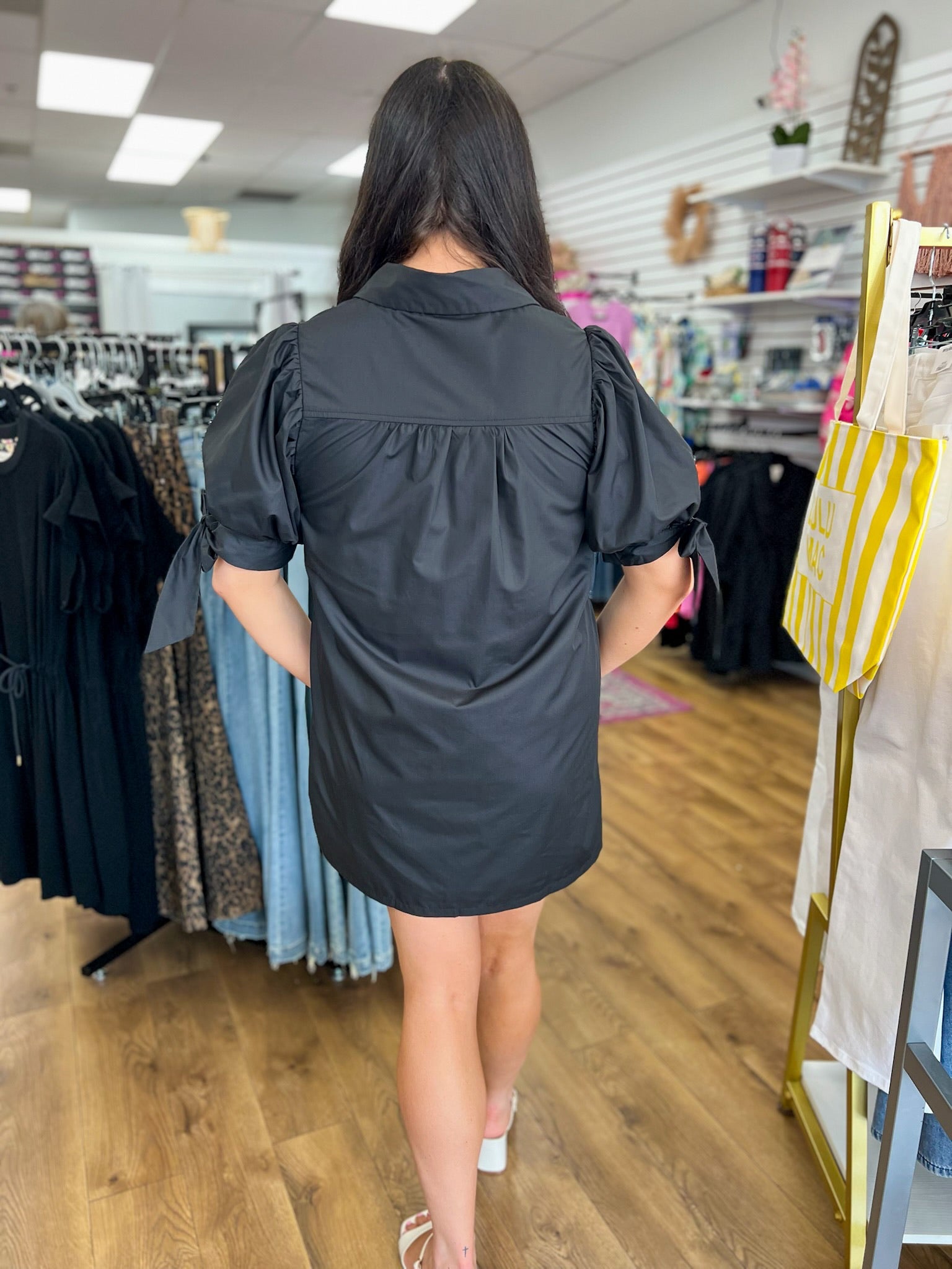 Black Scalloped Trim Dress with Short Puff Sleeves and Bow Cuffs - A'Bekah's Boutique