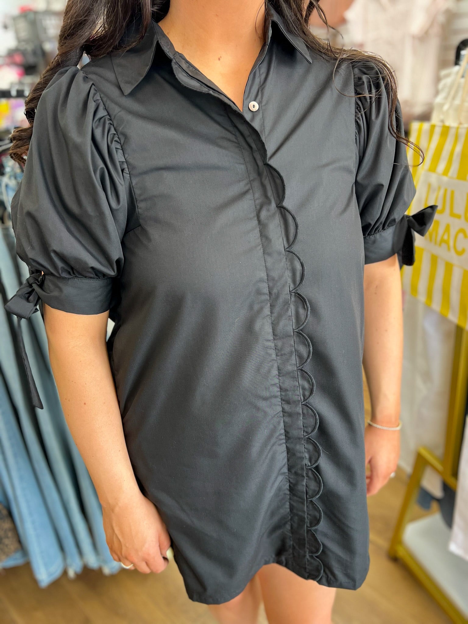Black Scalloped Trim Dress with Short Puff Sleeves and Bow Cuffs - A'Bekah's Boutique