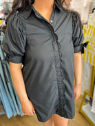 Black Scalloped Trim Dress with Short Puff Sleeves and Bow Cuffs - A'Bekah's Boutique