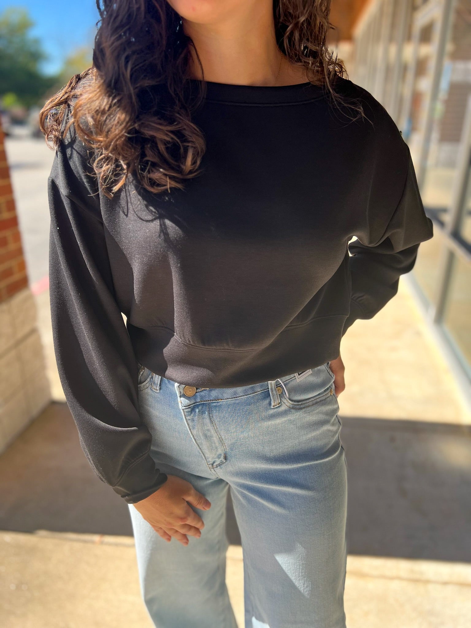 Black Scuba Boatneck Long Sleeve Cropped Sweatshirt - A'Bekah's Boutique
