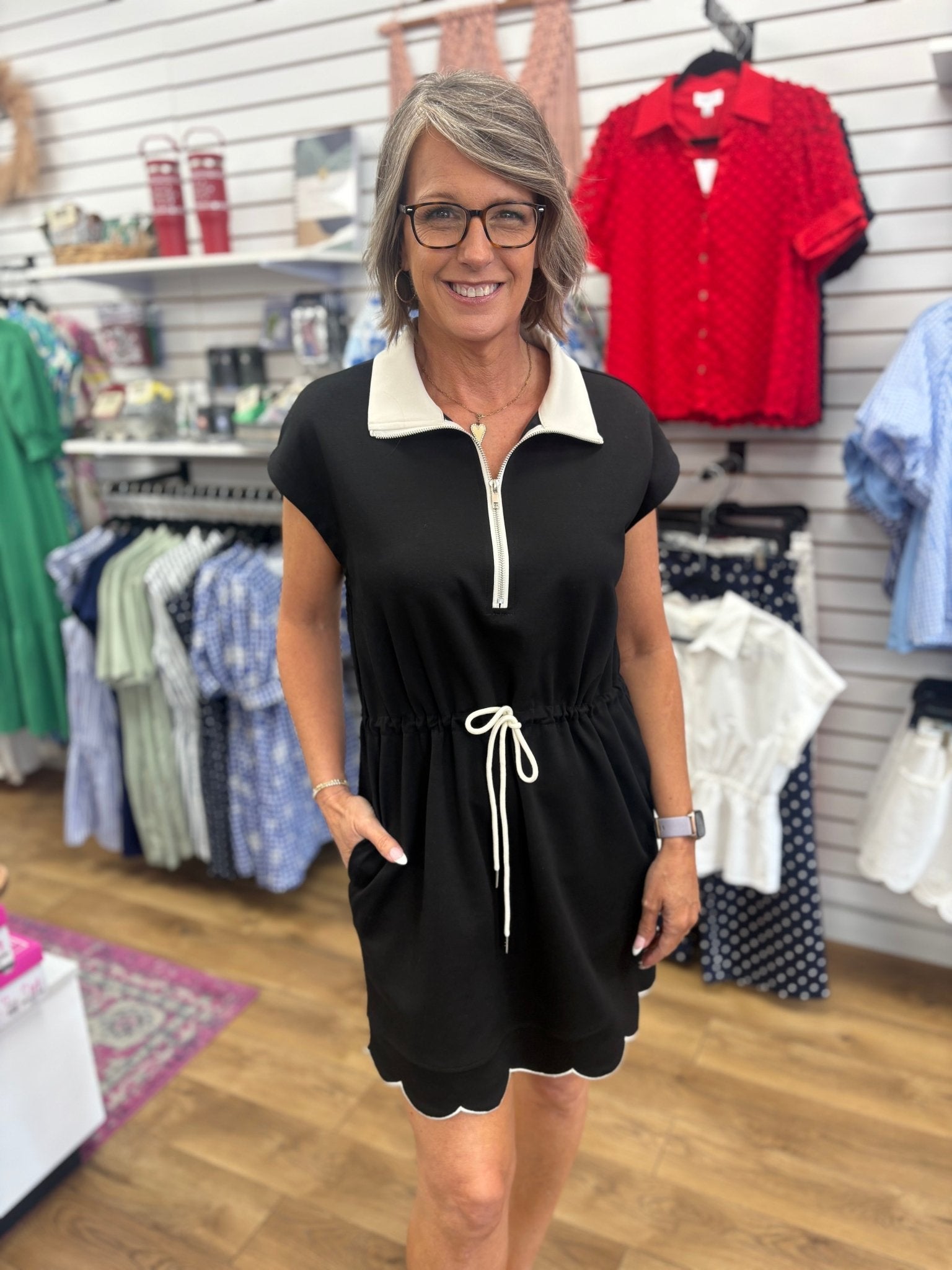 Black Scuba Fabric Short Sleeve Dress with Drawstring Waist - A'Bekah's Boutique