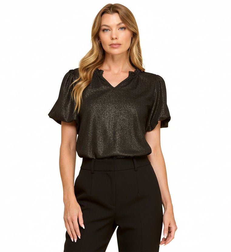 Black Shimmery V - Neck Top with Short Puff Sleeves - A'Bekah's Boutique