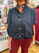 Black Short Sleeve Button Up Top with Bubble Hem - A'Bekah's Boutique