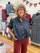 Black Short Sleeve Button Up Top with Bubble Hem - A'Bekah's Boutique