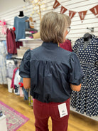Black Short Sleeve Button Up Top with Bubble Hem - A'Bekah's Boutique