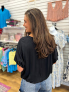 Black Short Sleeve Top with Bubble Sleeves and Hem - A'Bekah's Boutique