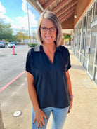 Black Short Sleeve V - Neck Collared Top - A'Bekah's Boutique