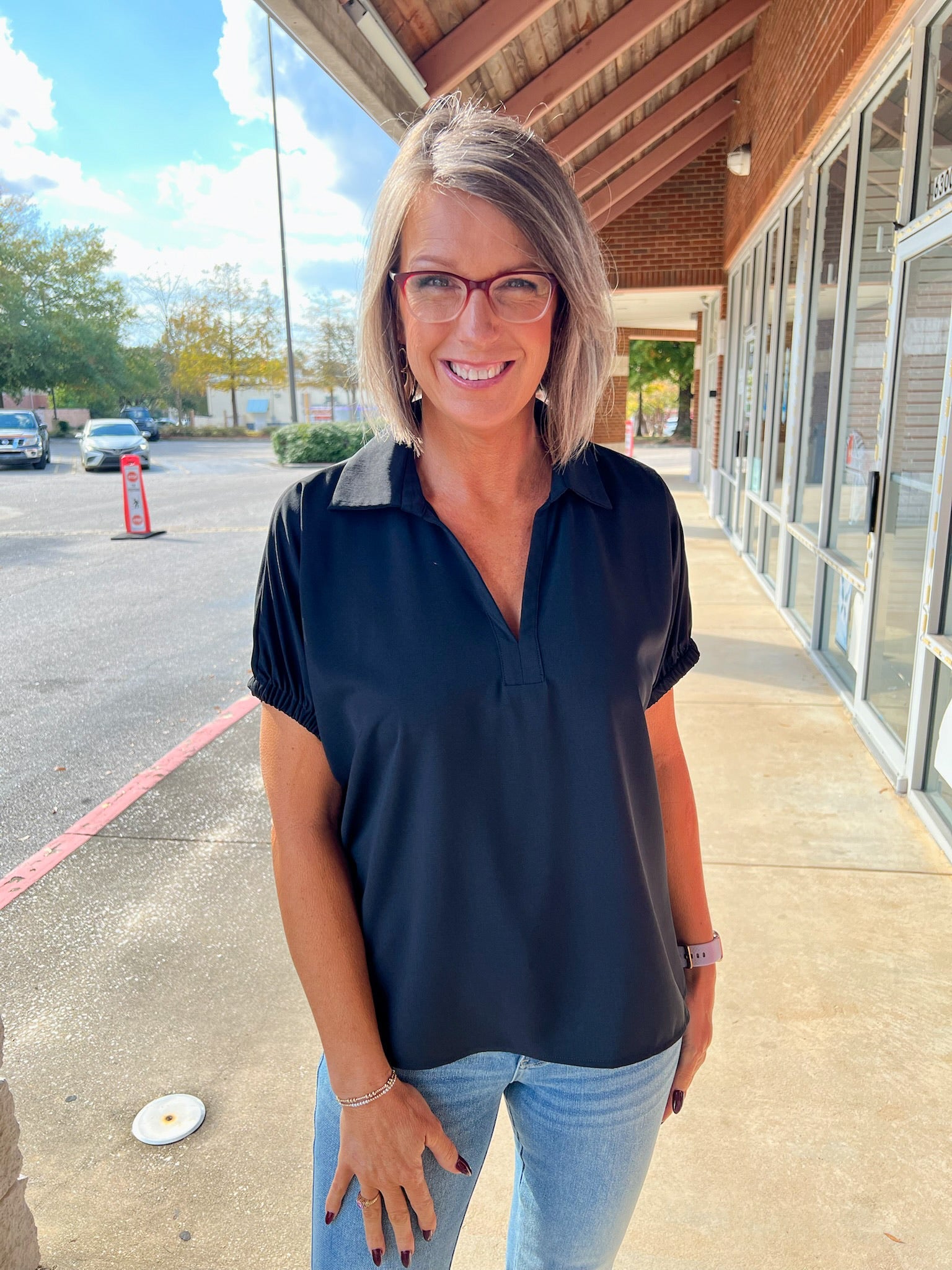 Black Short Sleeve V - Neck Collared Top - A'Bekah's Boutique