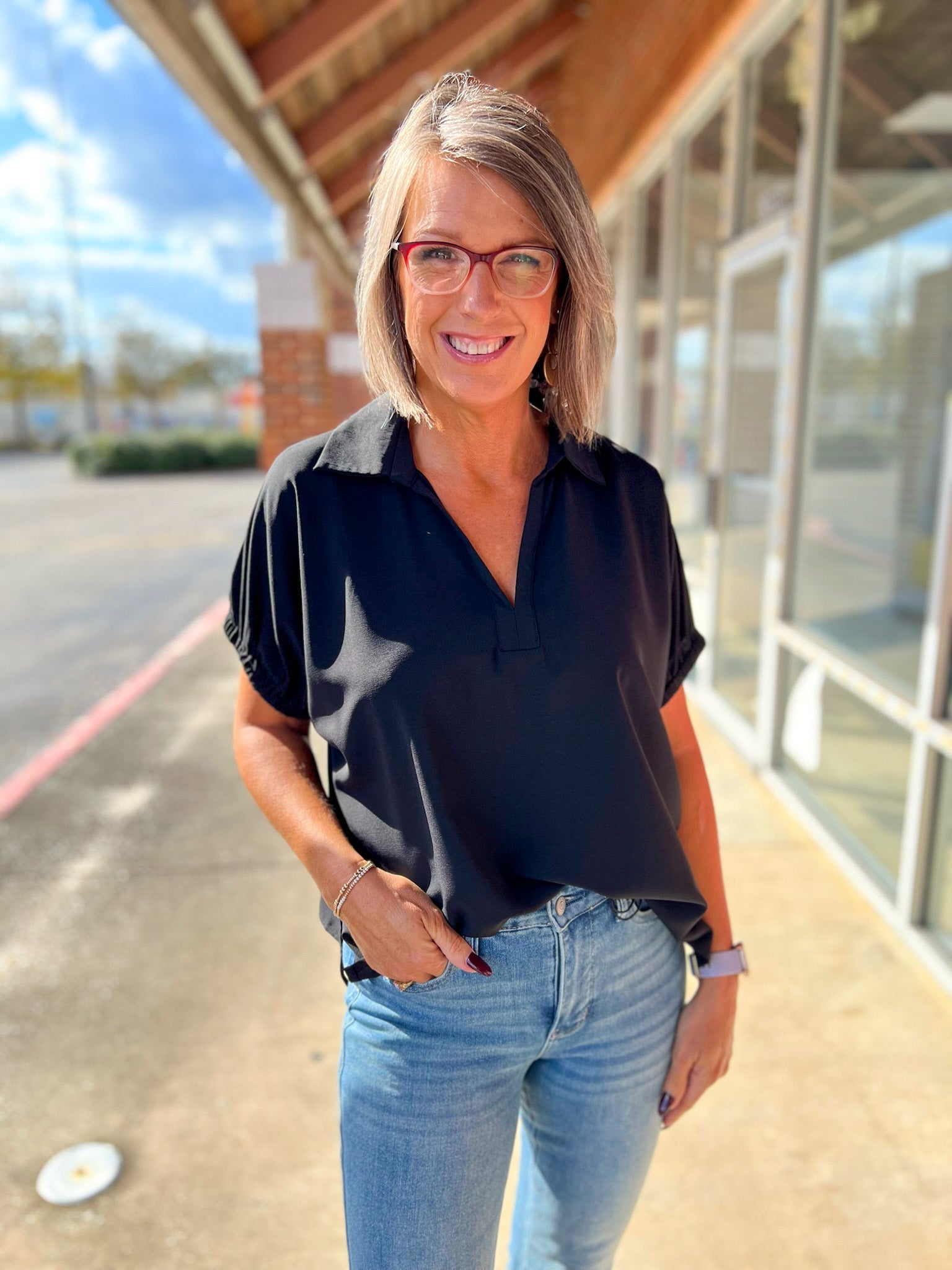 Black Short Sleeve V - Neck Collared Top - A'Bekah's Boutique