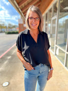 Black Short Sleeve V - Neck Collared Top - A'Bekah's Boutique