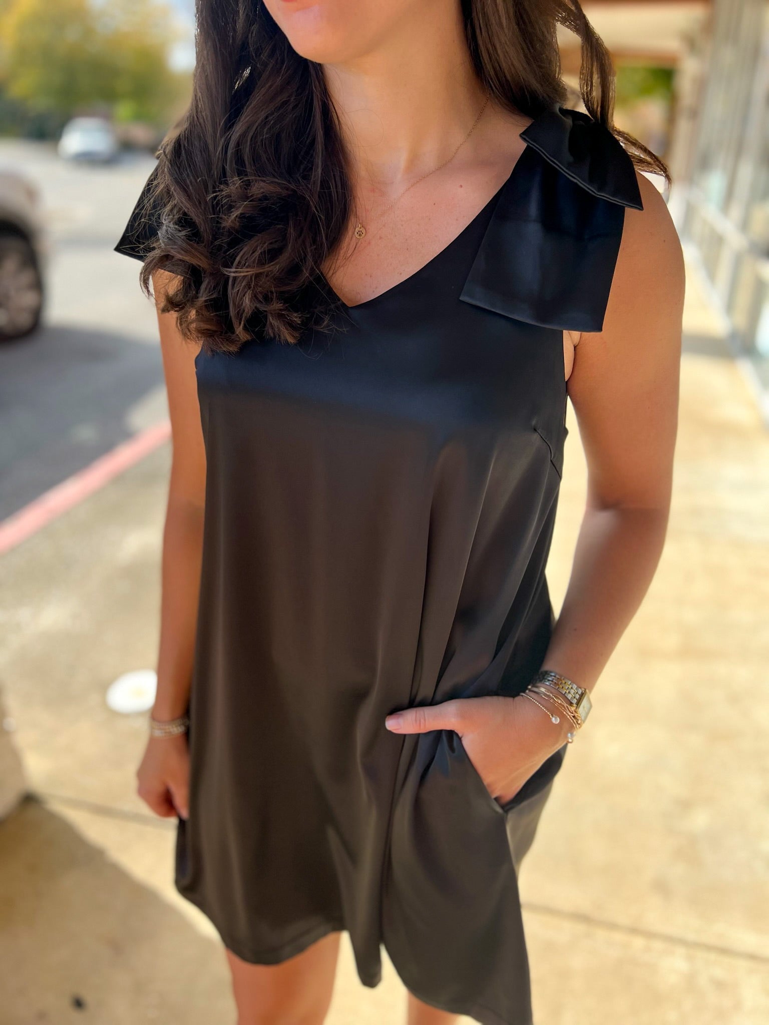 Black Sleeveless V - Neck Dress with Bows on the Shoulders - A'Bekah's Boutique