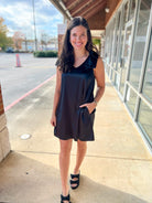 Black Sleeveless V - Neck Dress with Bows on the Shoulders - A'Bekah's Boutique