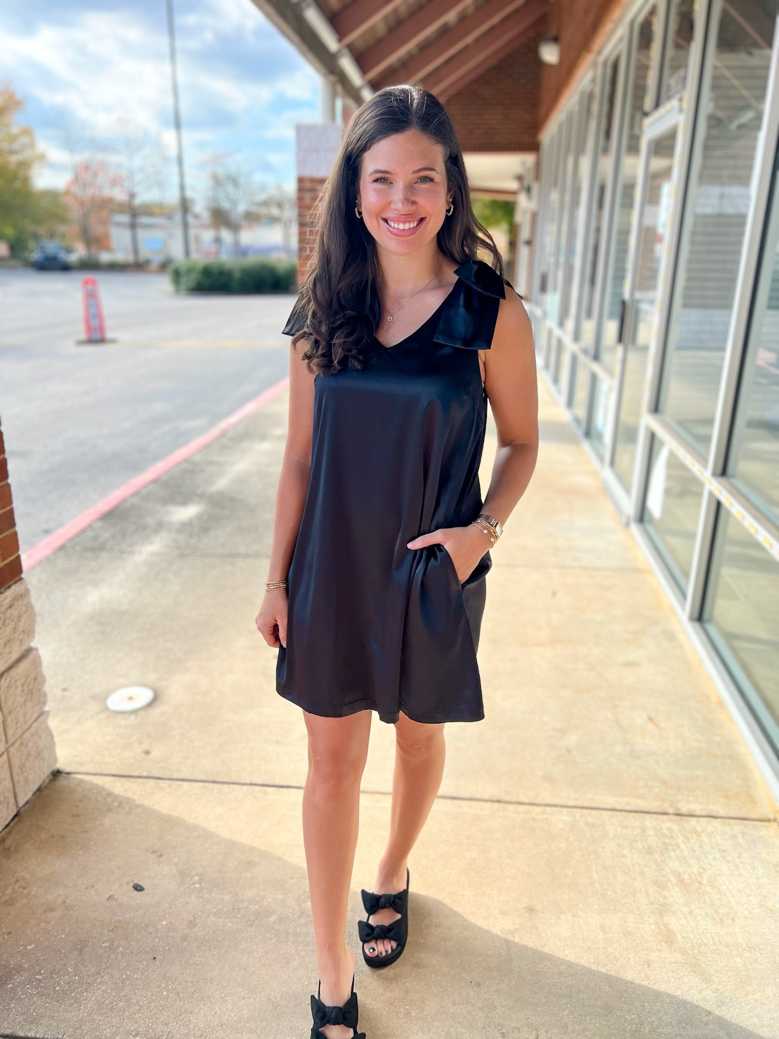 Black Sleeveless V - Neck Dress with Bows on the Shoulders - A'Bekah's Boutique