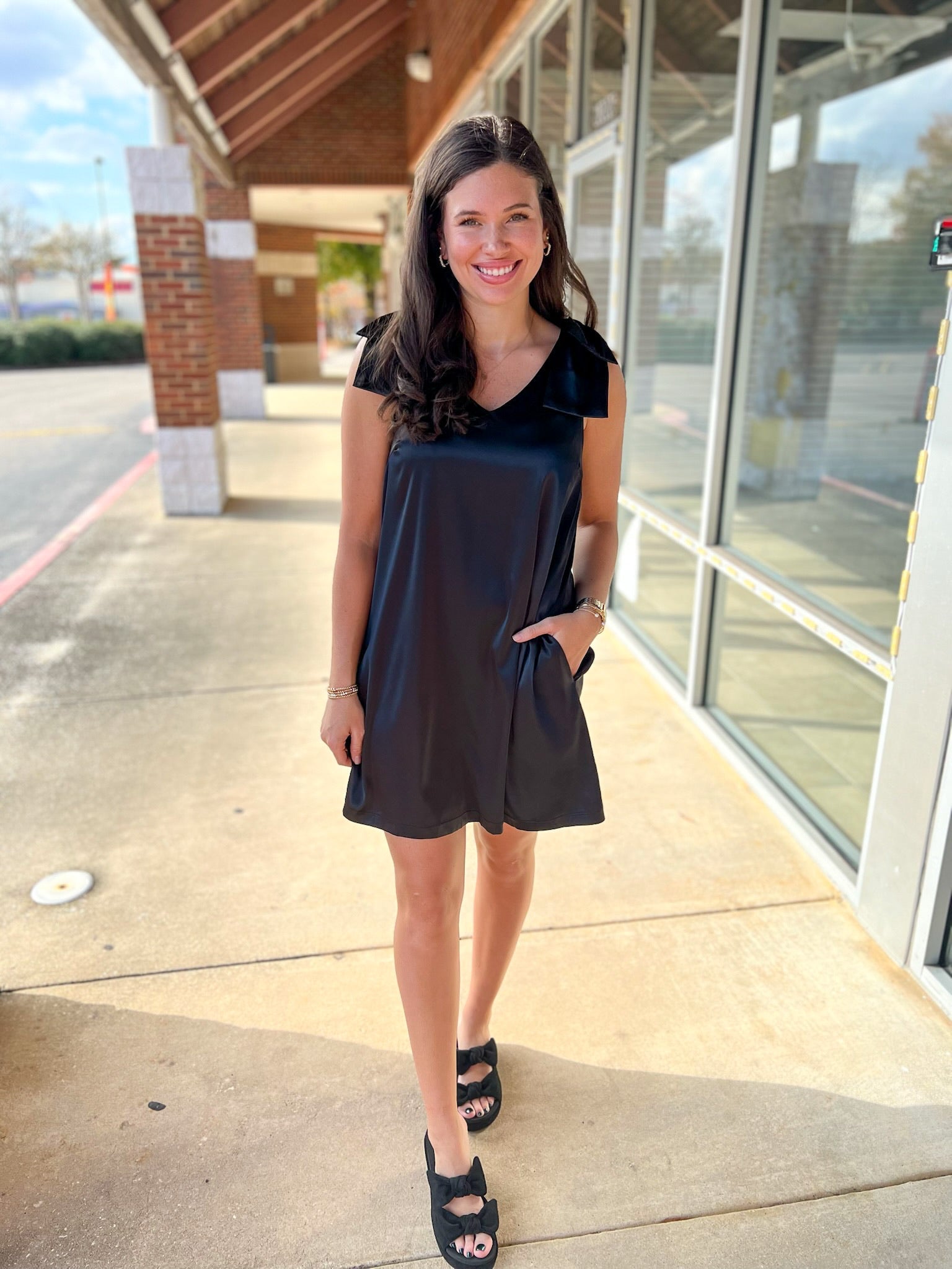 Black Sleeveless V - Neck Dress with Bows on the Shoulders - A'Bekah's Boutique
