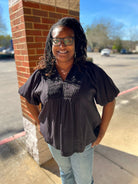 Black Smocked V - Neck Top with Short Puff Sleeves (C) - A'Bekah's Boutique