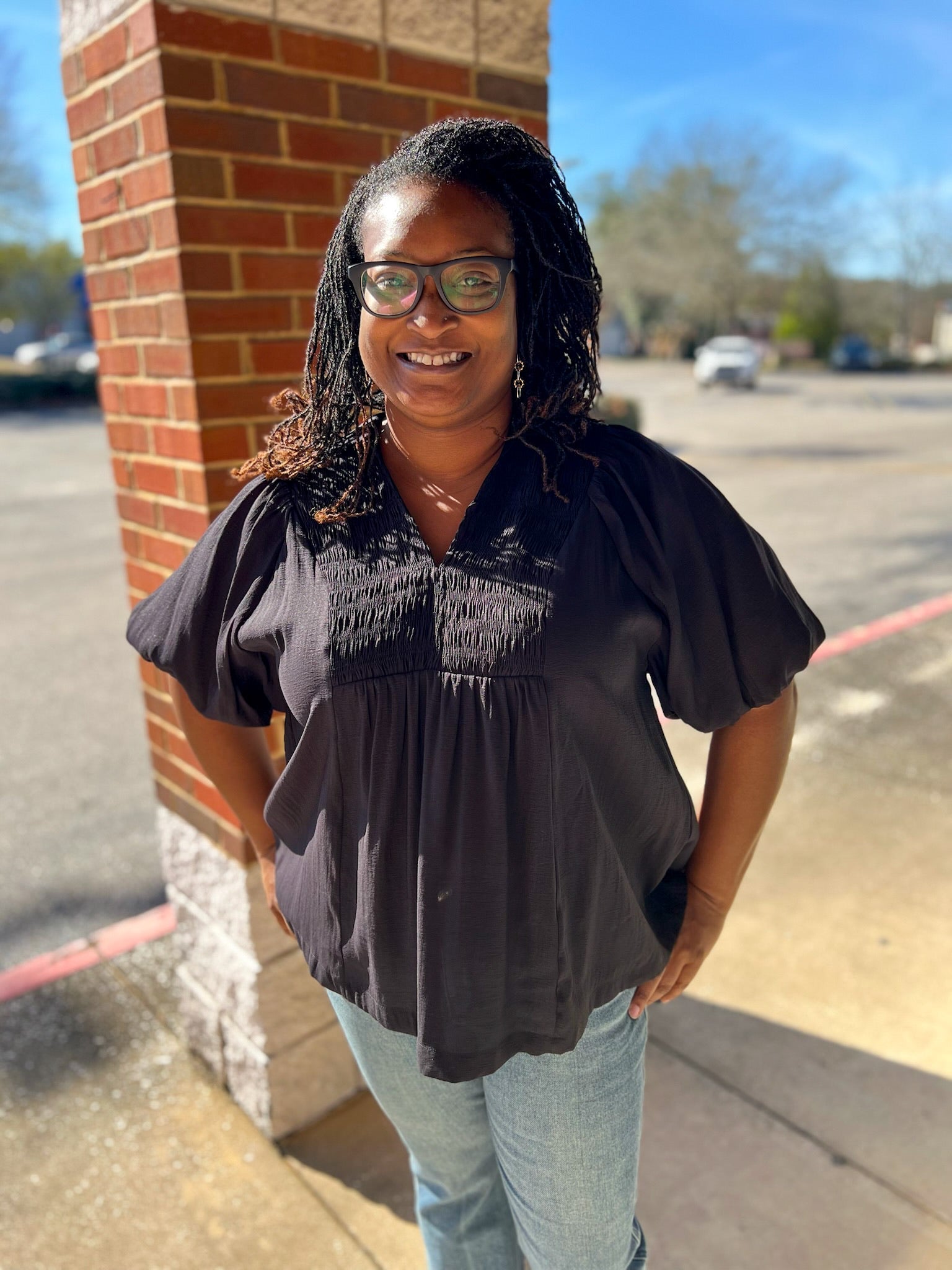 Black Smocked V - Neck Top with Short Puff Sleeves (C) - A'Bekah's Boutique