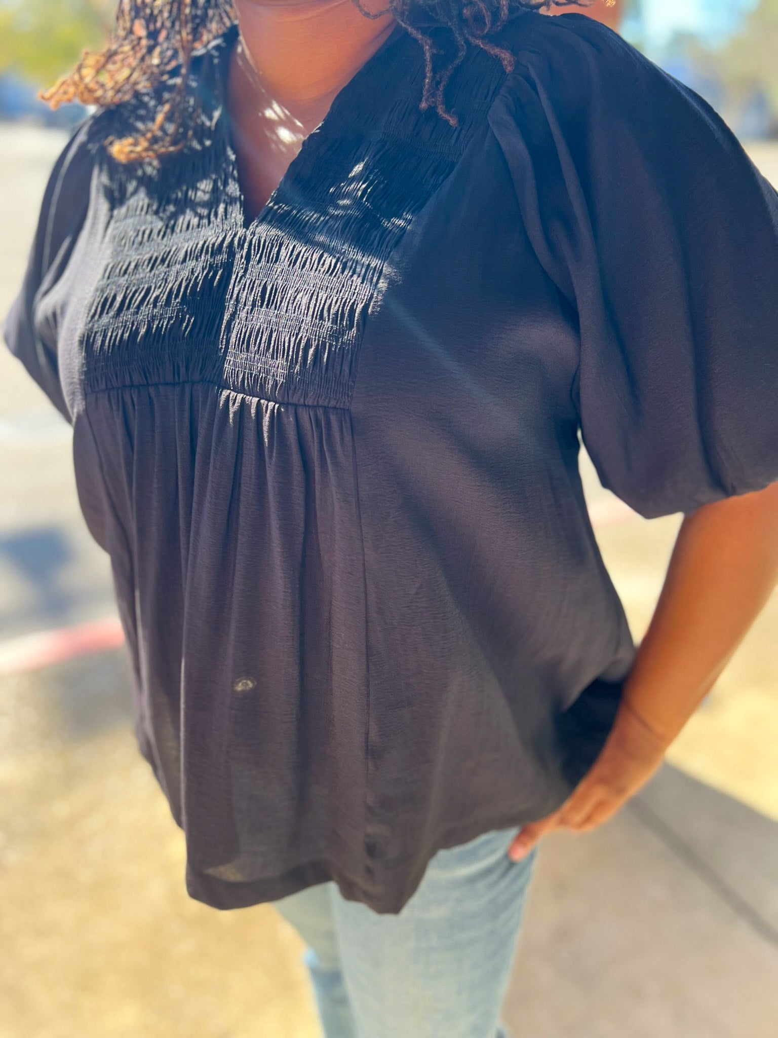 Black Smocked V - Neck Top with Short Puff Sleeves (C) - A'Bekah's Boutique