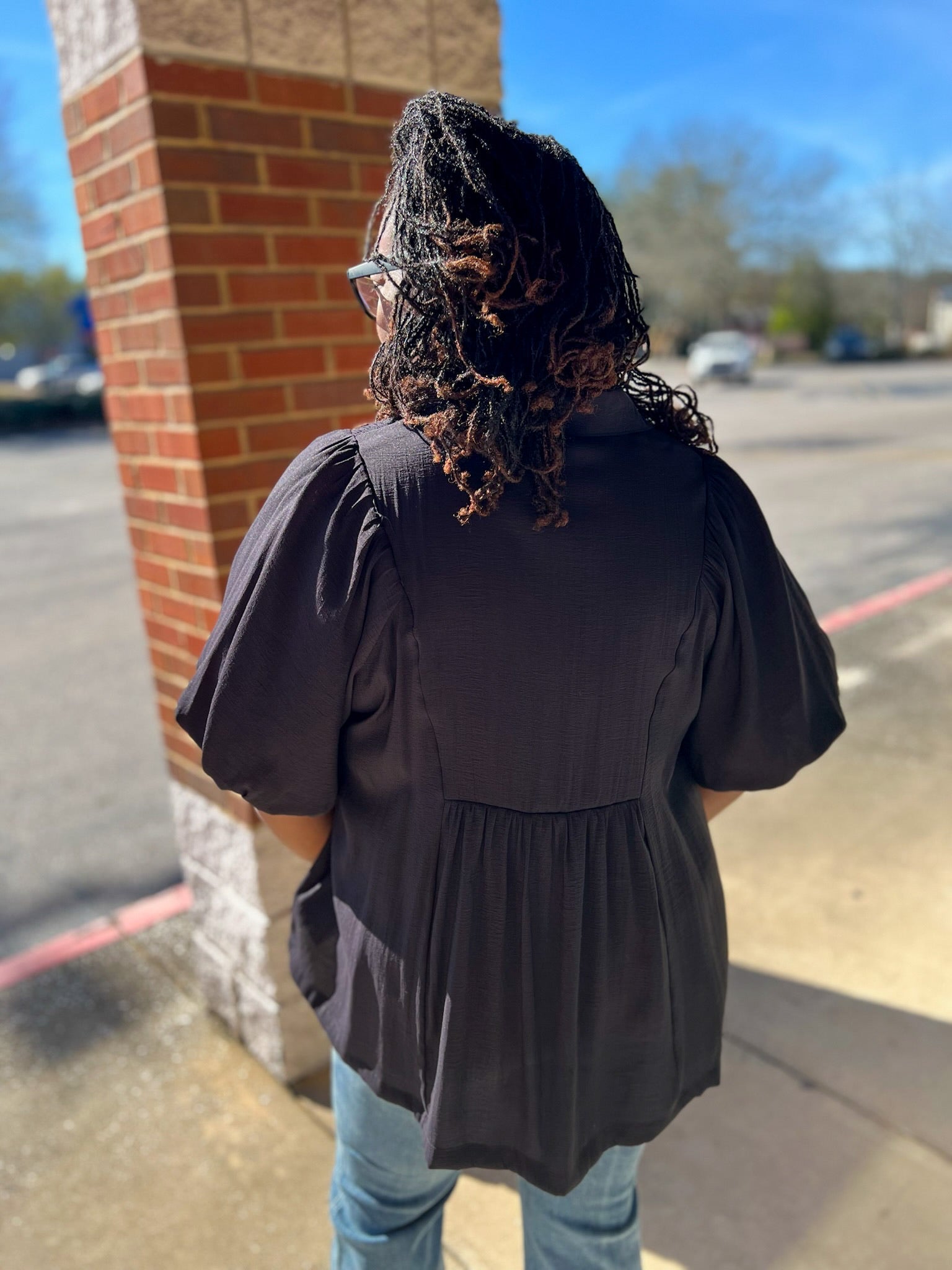 Black Smocked V - Neck Top with Short Puff Sleeves (C) - A'Bekah's Boutique