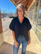 Black Smocked V - Neck Top with Short Puff Sleeves (R) - A'Bekah's Boutique