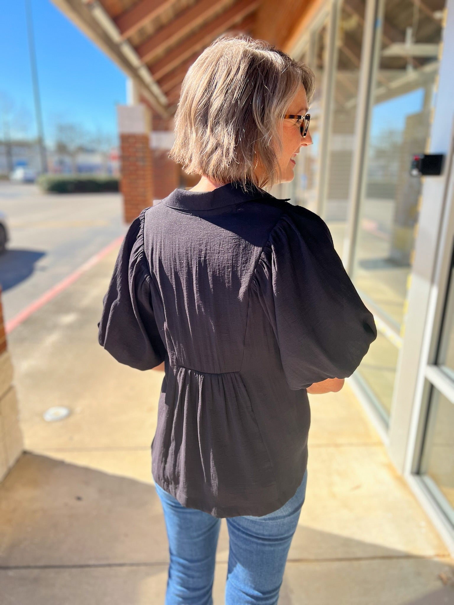 Black Smocked V - Neck Top with Short Puff Sleeves (R) - A'Bekah's Boutique