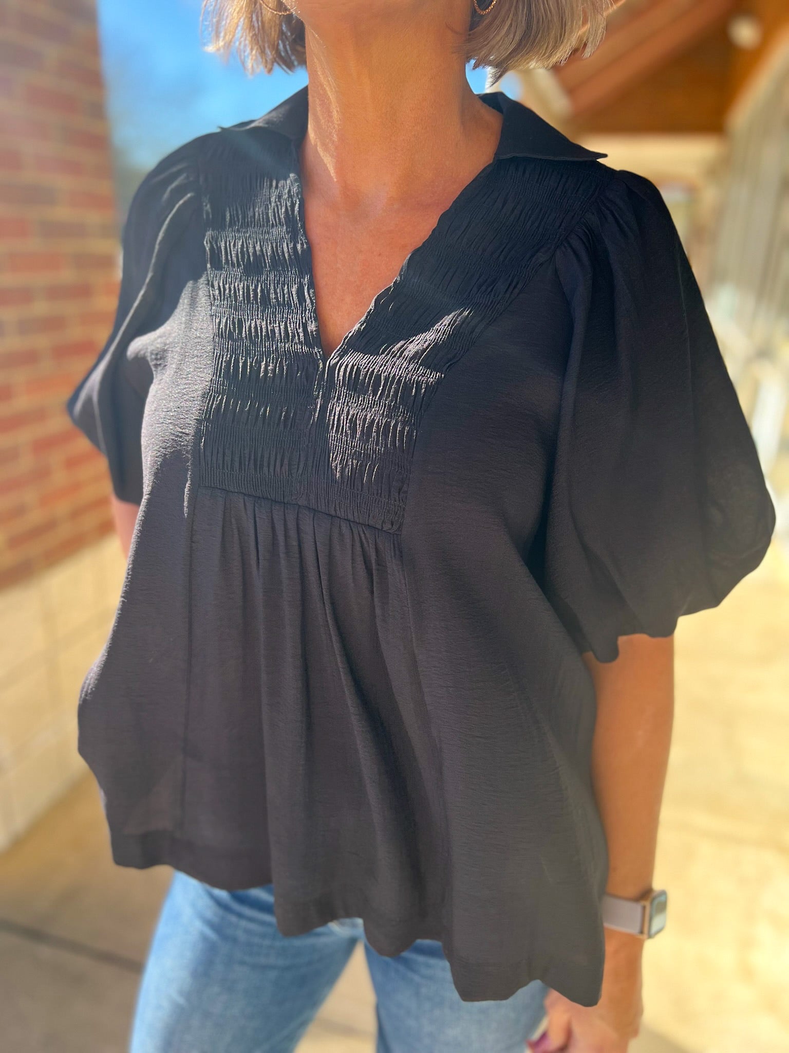 Black Smocked V - Neck Top with Short Puff Sleeves (R) - A'Bekah's Boutique