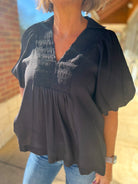 Black Smocked V - Neck Top with Short Puff Sleeves (R) - A'Bekah's Boutique