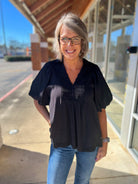 Black Smocked V - Neck Top with Short Puff Sleeves (R) - A'Bekah's Boutique