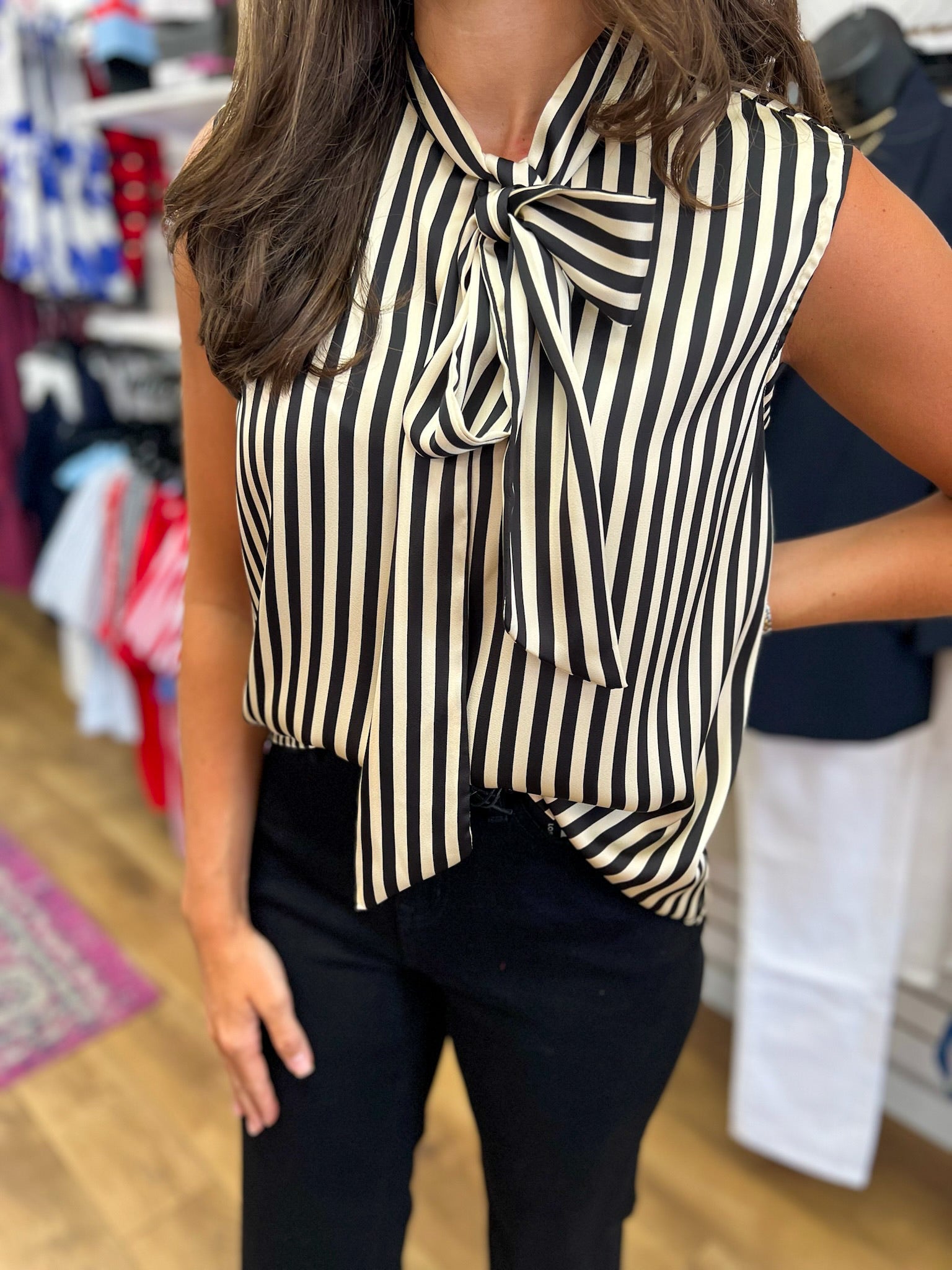 Black Striped Sleeveless Top with Tie Bow at Neckline - A'Bekah's Boutique