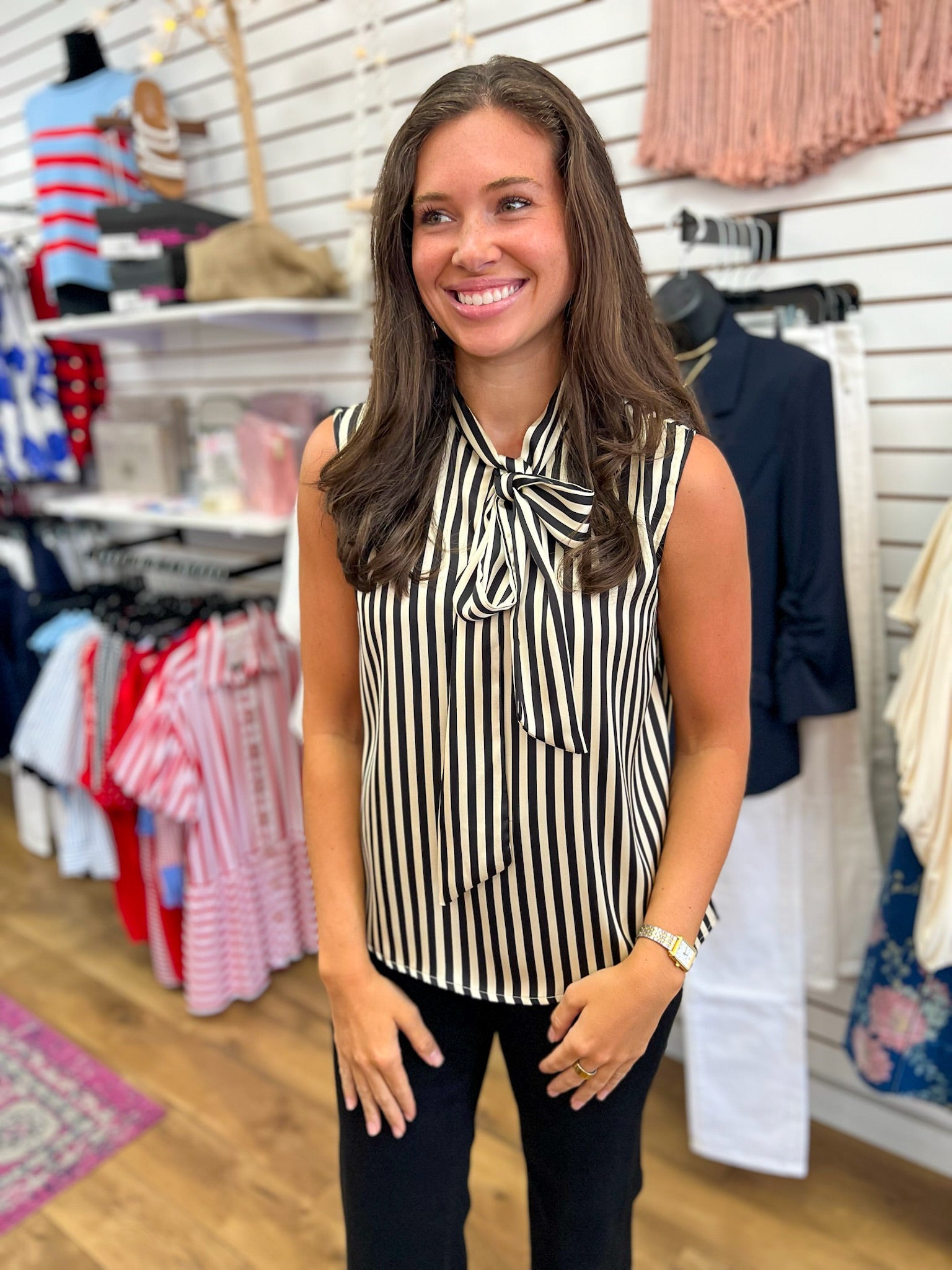 Black Striped Sleeveless Top with Tie Bow at Neckline - A'Bekah's Boutique