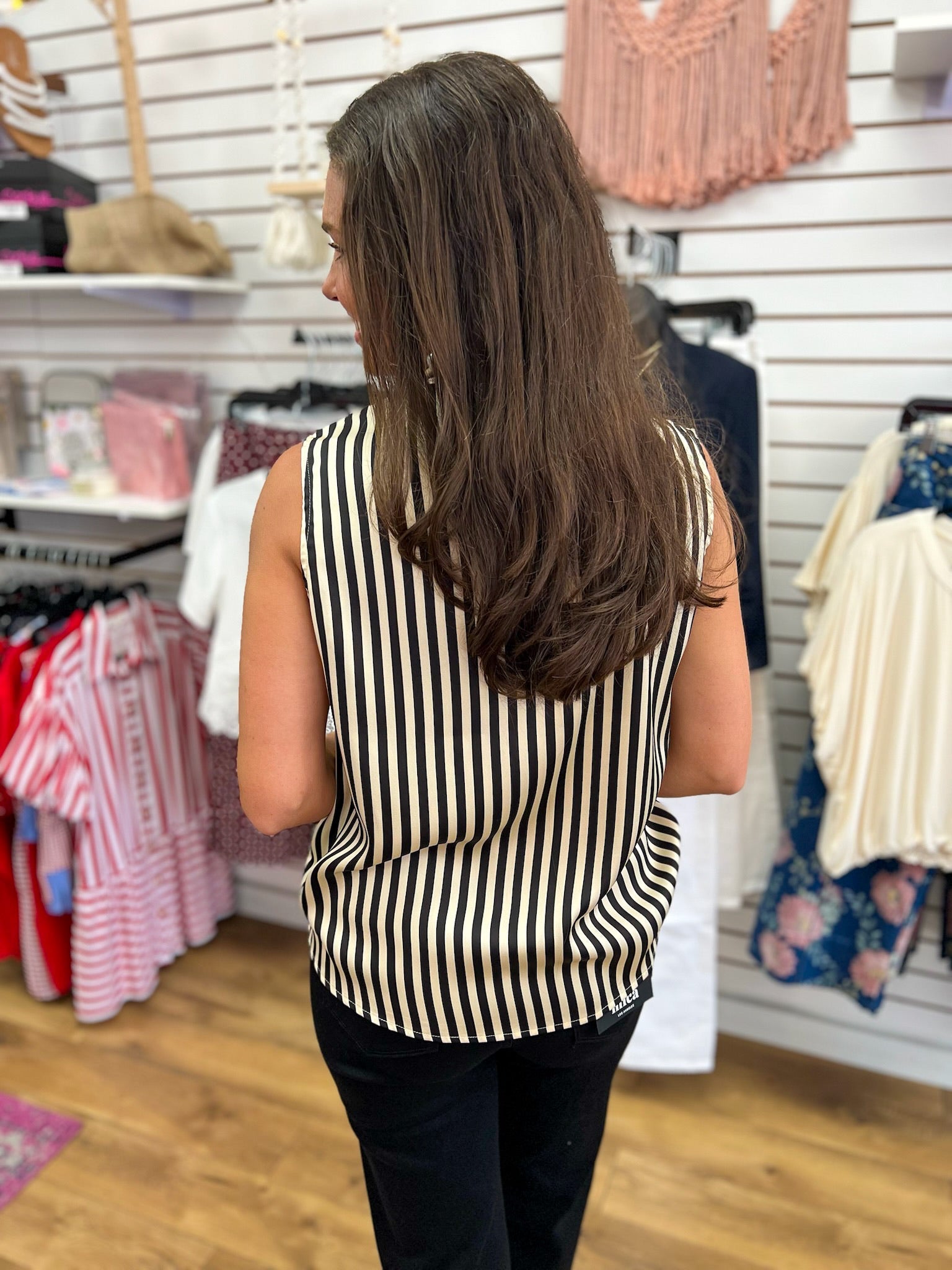Black Striped Sleeveless Top with Tie Bow at Neckline - A'Bekah's Boutique