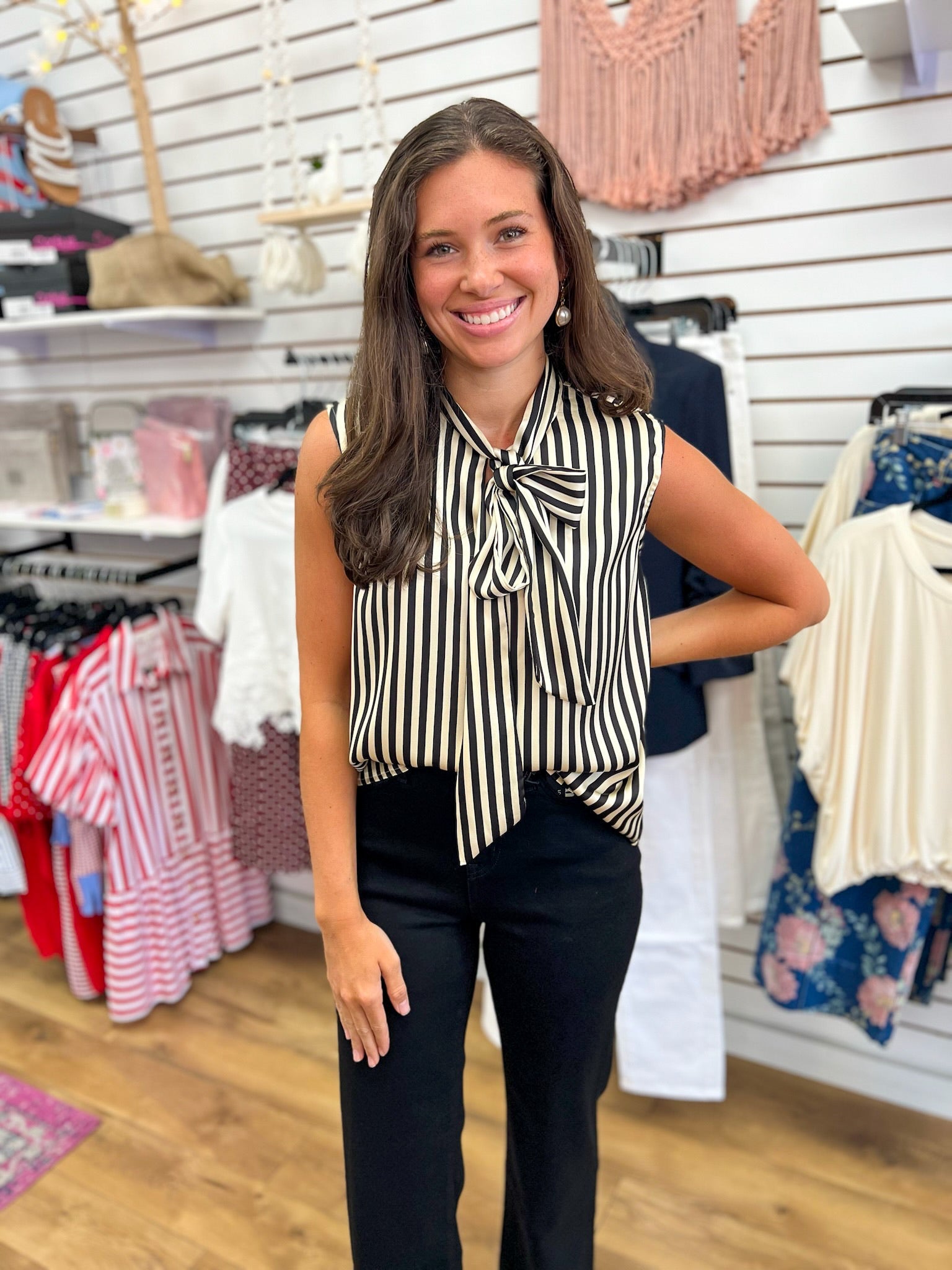 Black Striped Sleeveless Top with Tie Bow at Neckline - A'Bekah's Boutique
