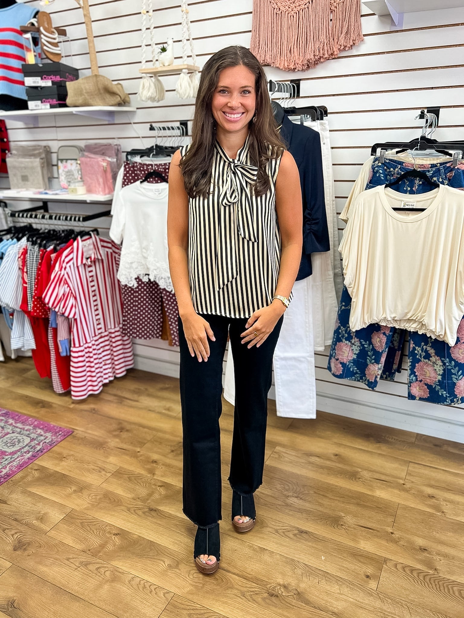 Black Striped Sleeveless Top with Tie Bow at Neckline - A'Bekah's Boutique