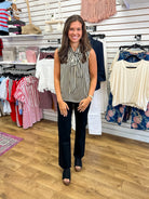 Black Striped Sleeveless Top with Tie Bow at Neckline - A'Bekah's Boutique