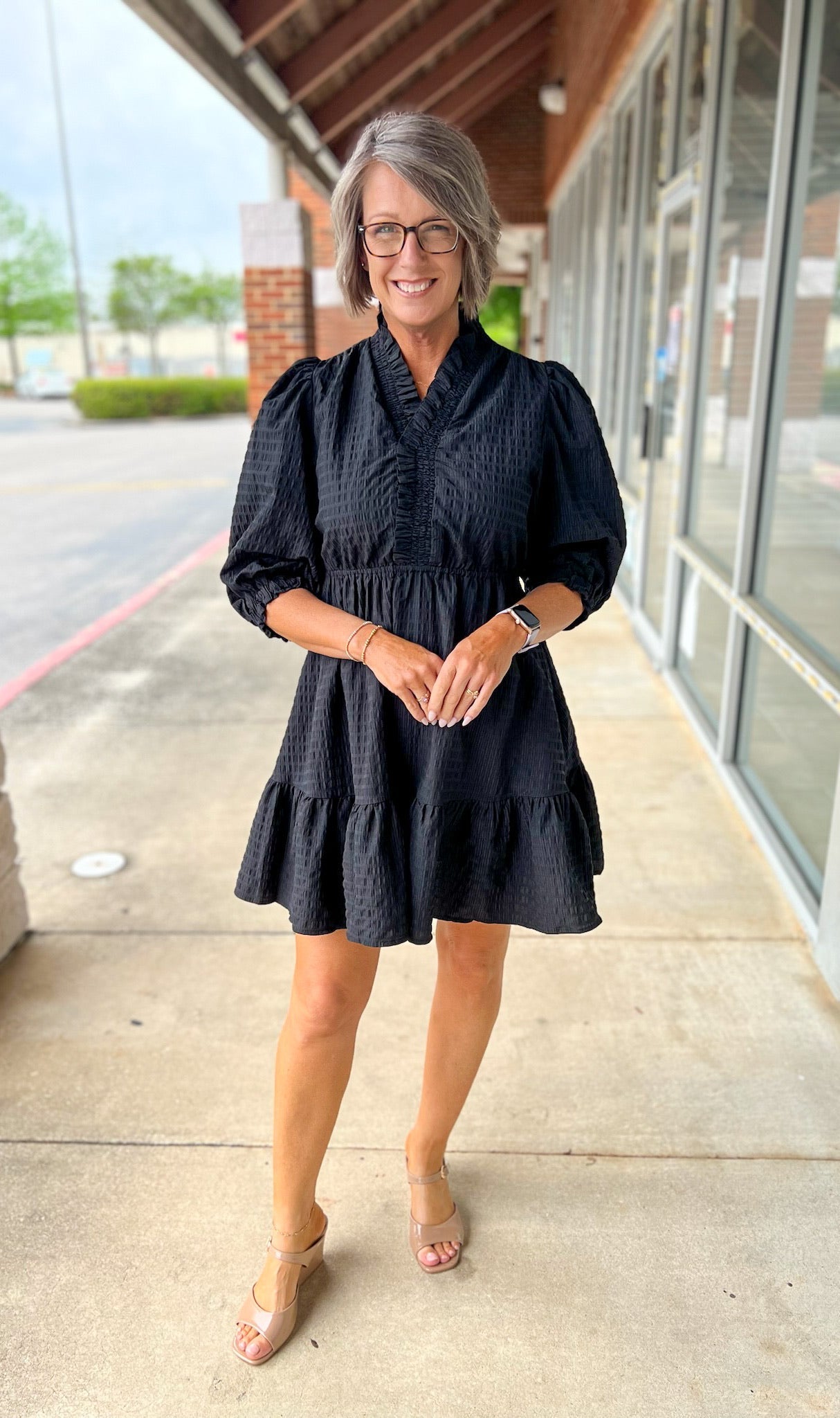 Black Textured Babydoll Dress with Smocked 3/4 Sleeves - A'Bekah's Boutique