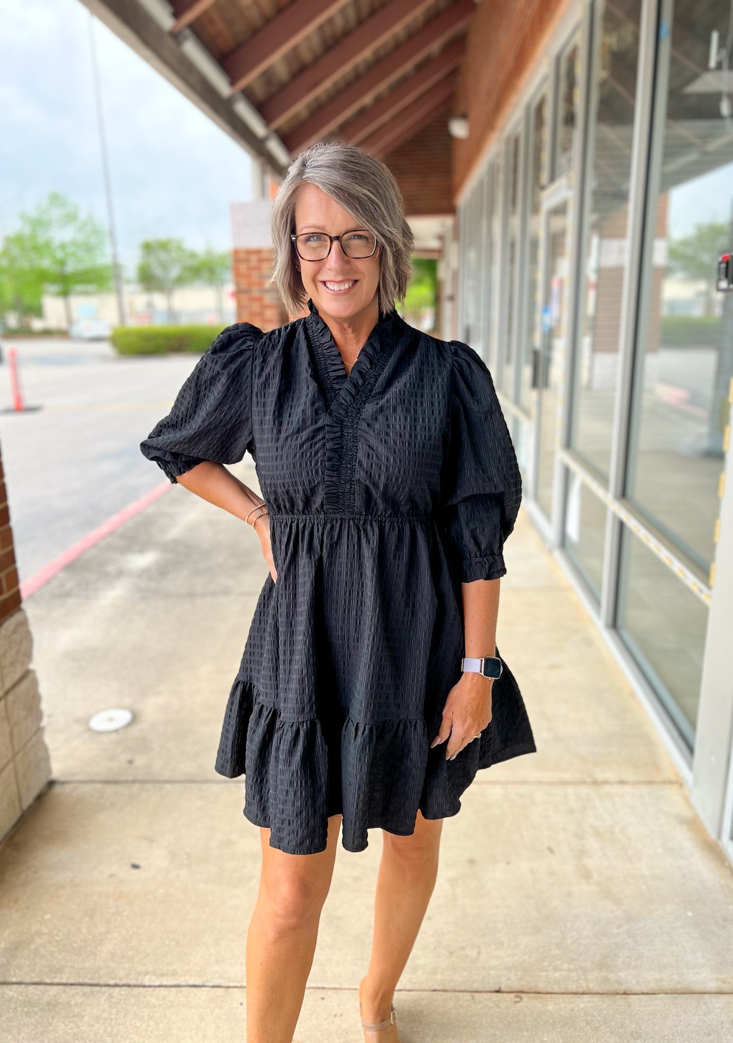 Black Textured Babydoll Dress with Smocked 3/4 Sleeves - A'Bekah's Boutique