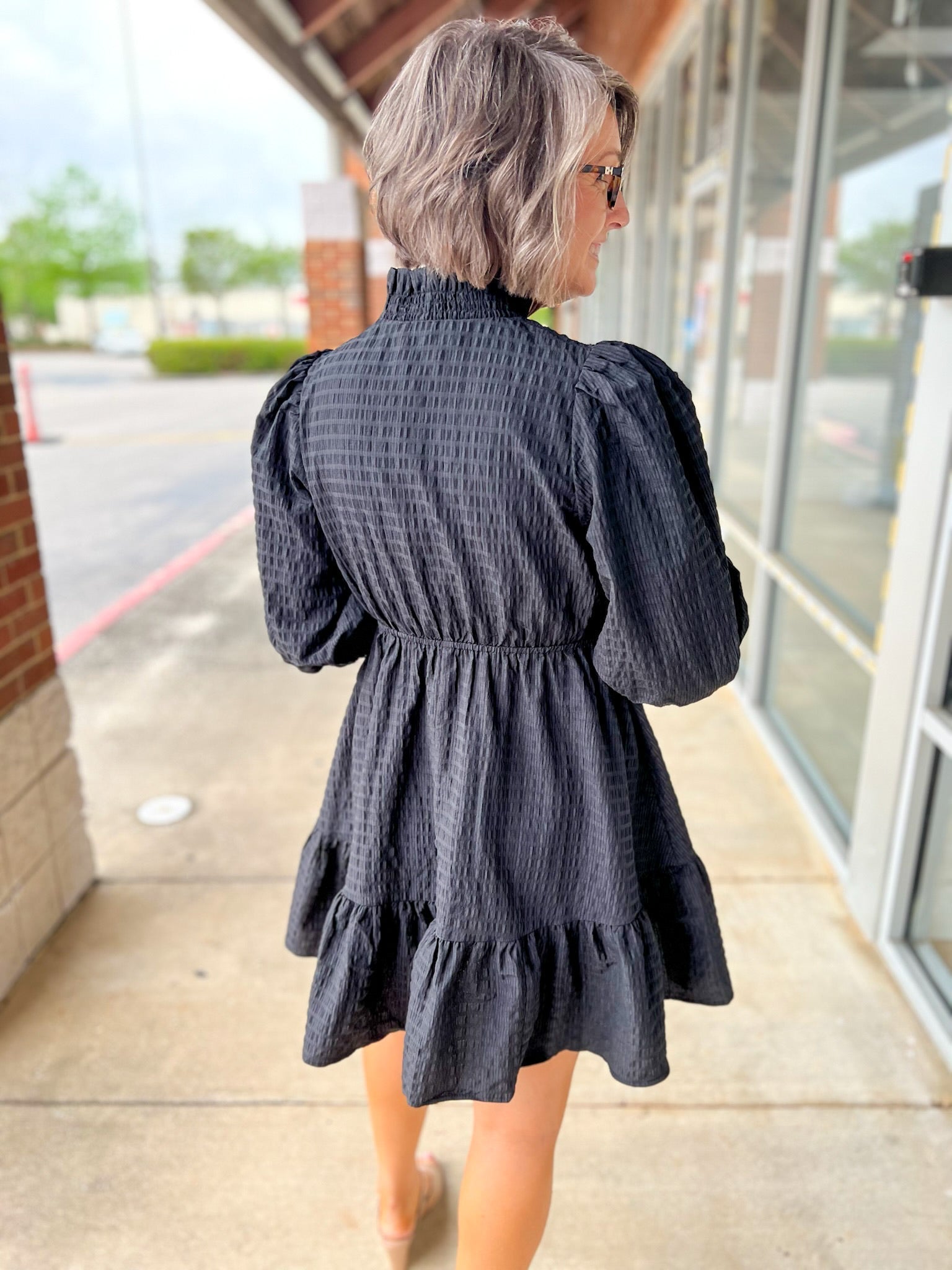 Black Textured Babydoll Dress with Smocked 3/4 Sleeves - A'Bekah's Boutique