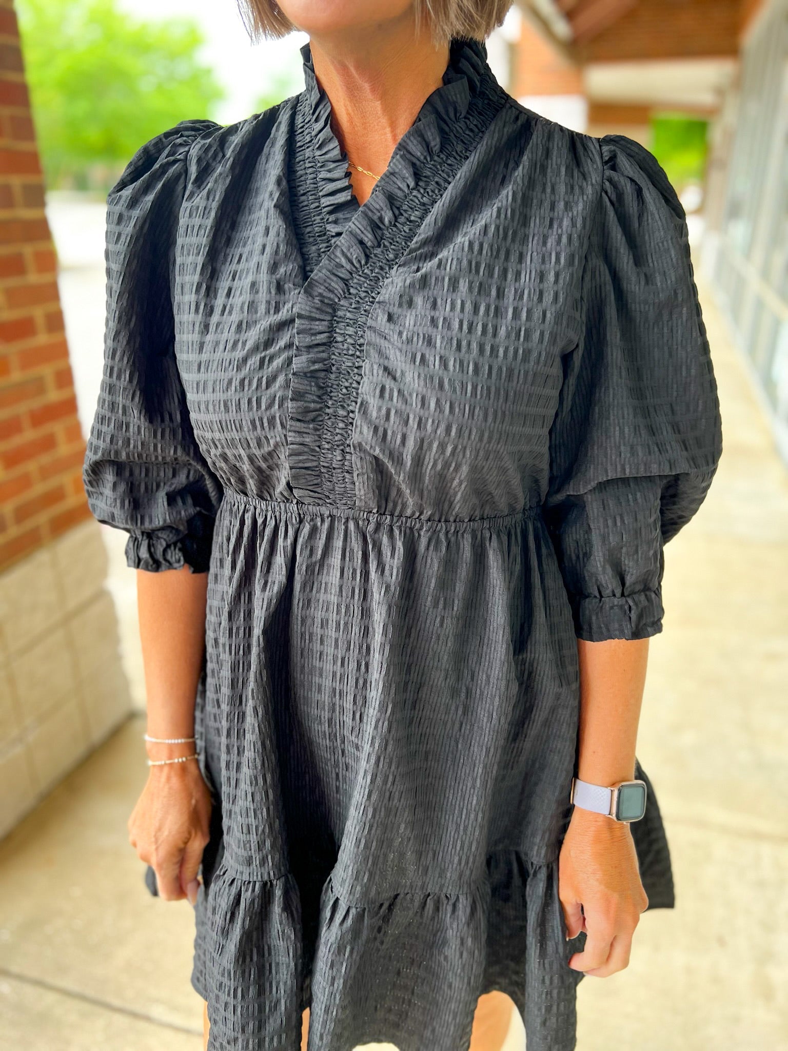 Black Textured Babydoll Dress with Smocked 3/4 Sleeves - A'Bekah's Boutique