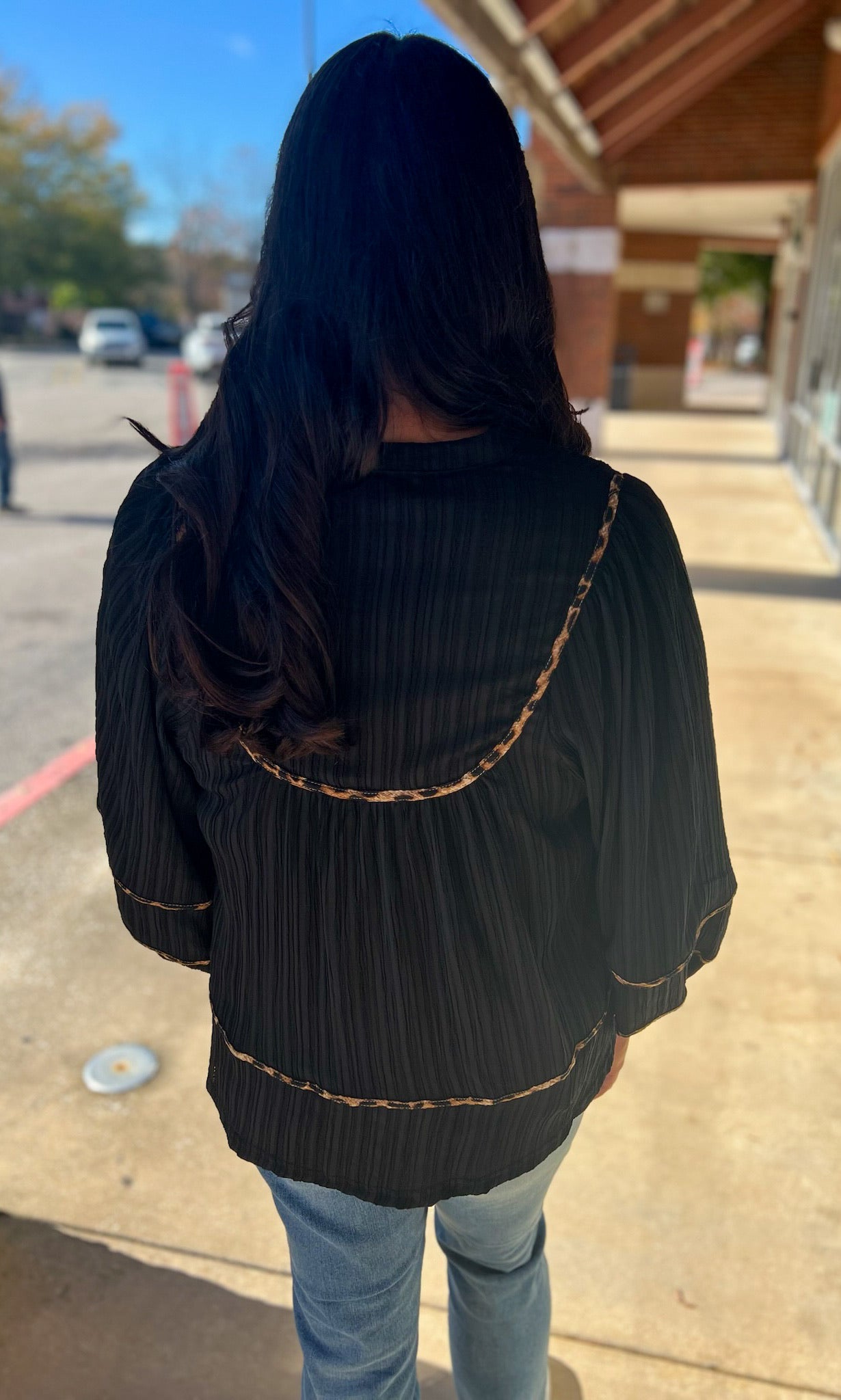 Black Textured Top with Animal Print Contrast Piping - A'Bekah's Boutique