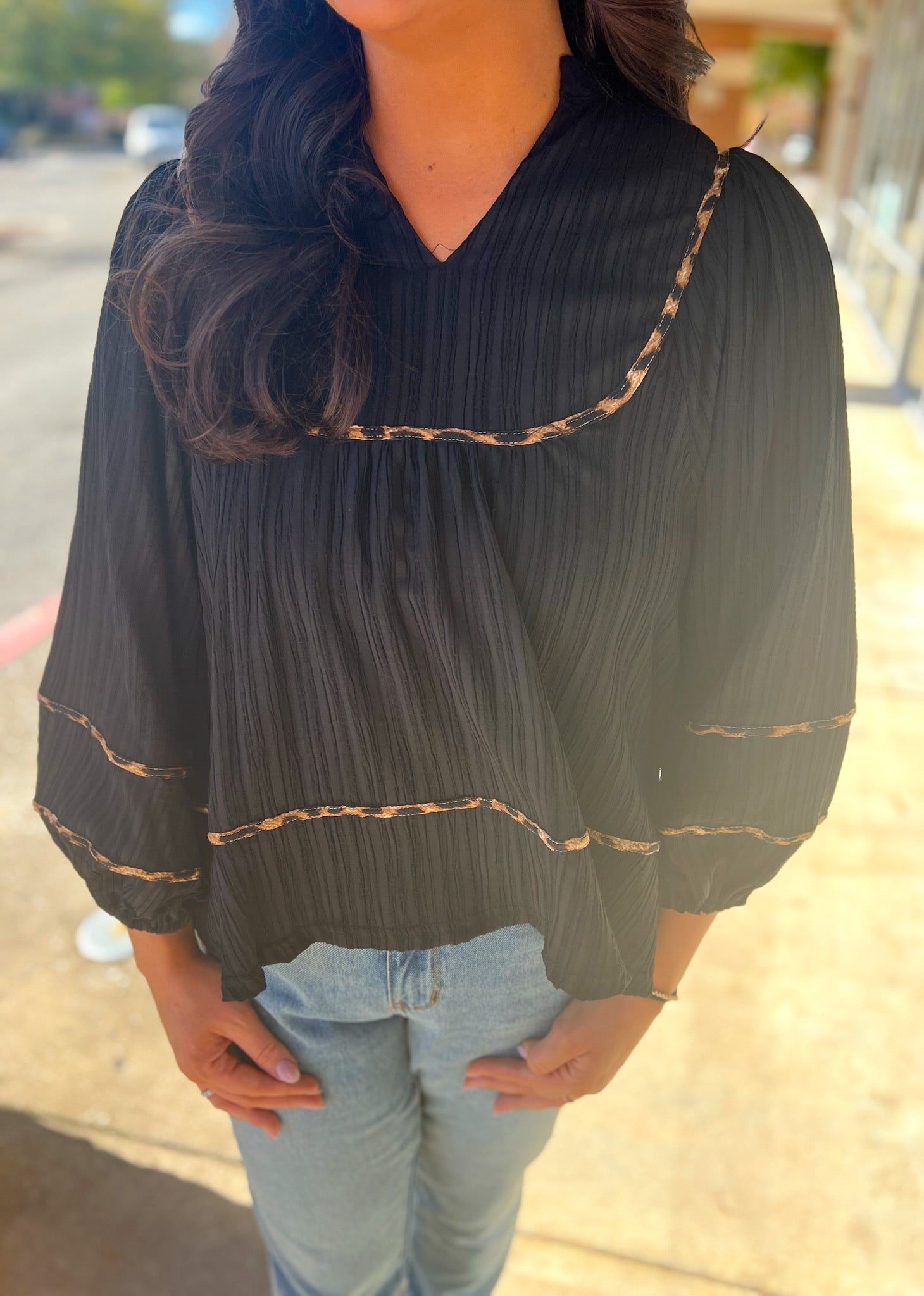 Black Textured Top with Animal Print Contrast Piping - A'Bekah's Boutique